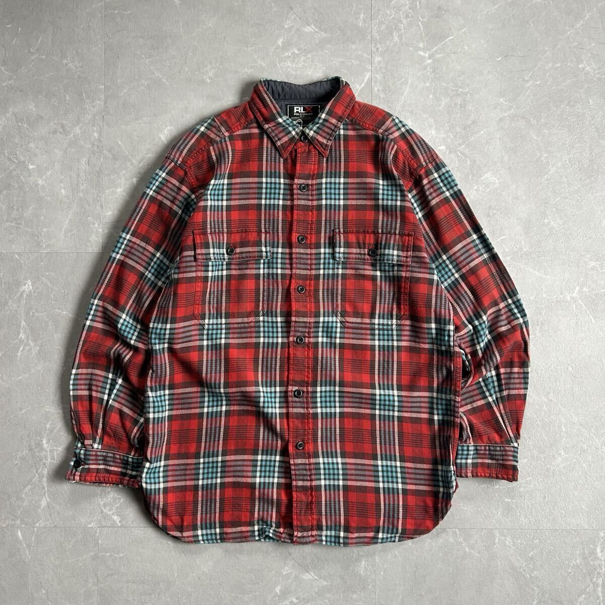 90s Polo Sport ラルフローレン ネルシャツ 長袖チェックシャツ Ralph Lauren RLX vintage USA古着 アメカジ レッド メンズM フラポケ 00s拍卖
