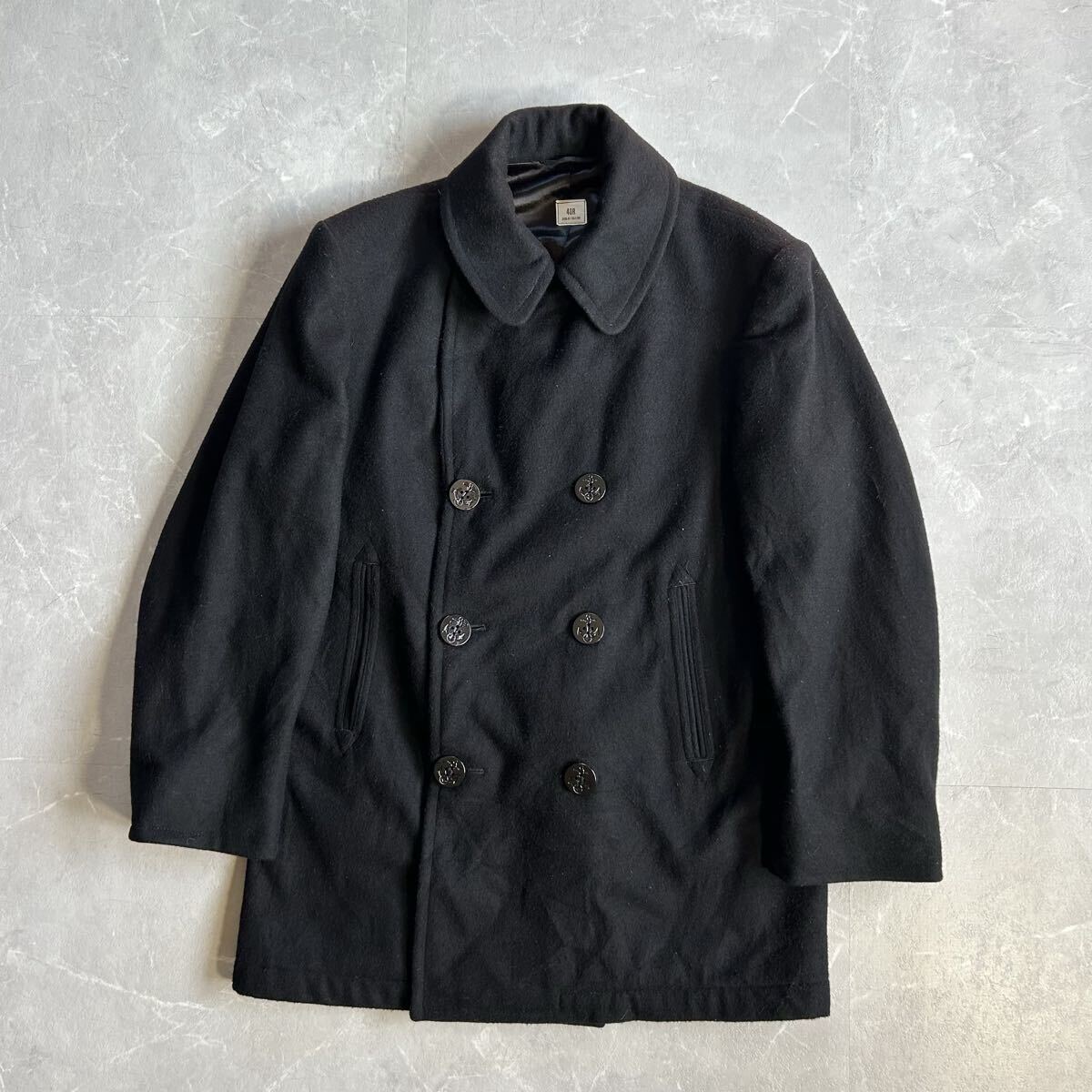 80s US.NAVY メルトンウール コート Pコート 肉厚 ダブルブレスト ジャケット アメリカ軍 米軍 軍モノ ブラック ピーコート USA 1987年製拍卖
