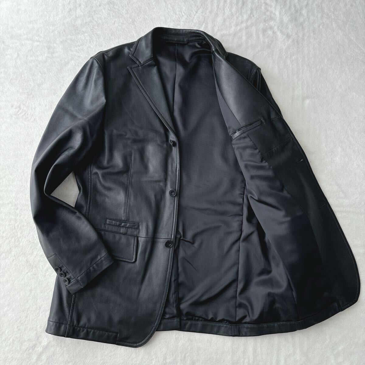 【美品】タカキュー レザー テーラードジャケット 羊革 ラムレザー 黒 ブラック TAKAQ ライダース 紳士服拍卖