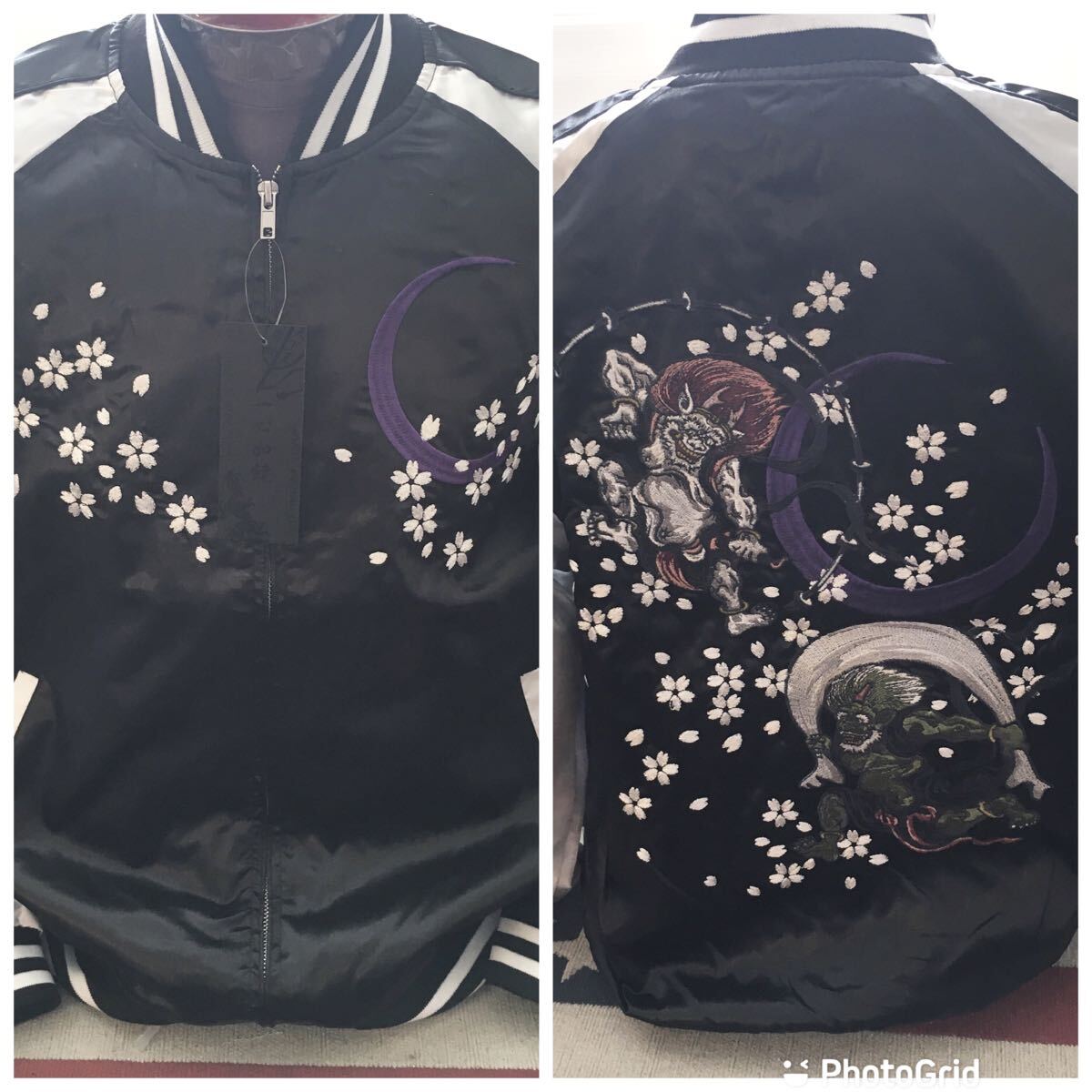 タグ付き新品 未使用 XL サテン 和柄 風神雷神 スカジャン ブラック拍卖