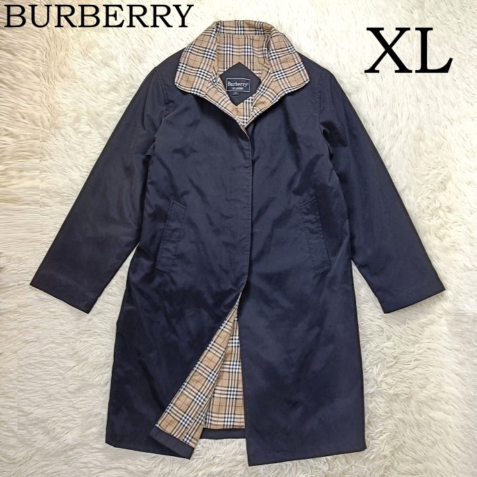 BURBERRY バーバリー ステンカラーコート 裏地ノバチェック XL レディース ヴィンテージ ブラック 黒 比翼ボタン ロングコート 中古 レア拍卖