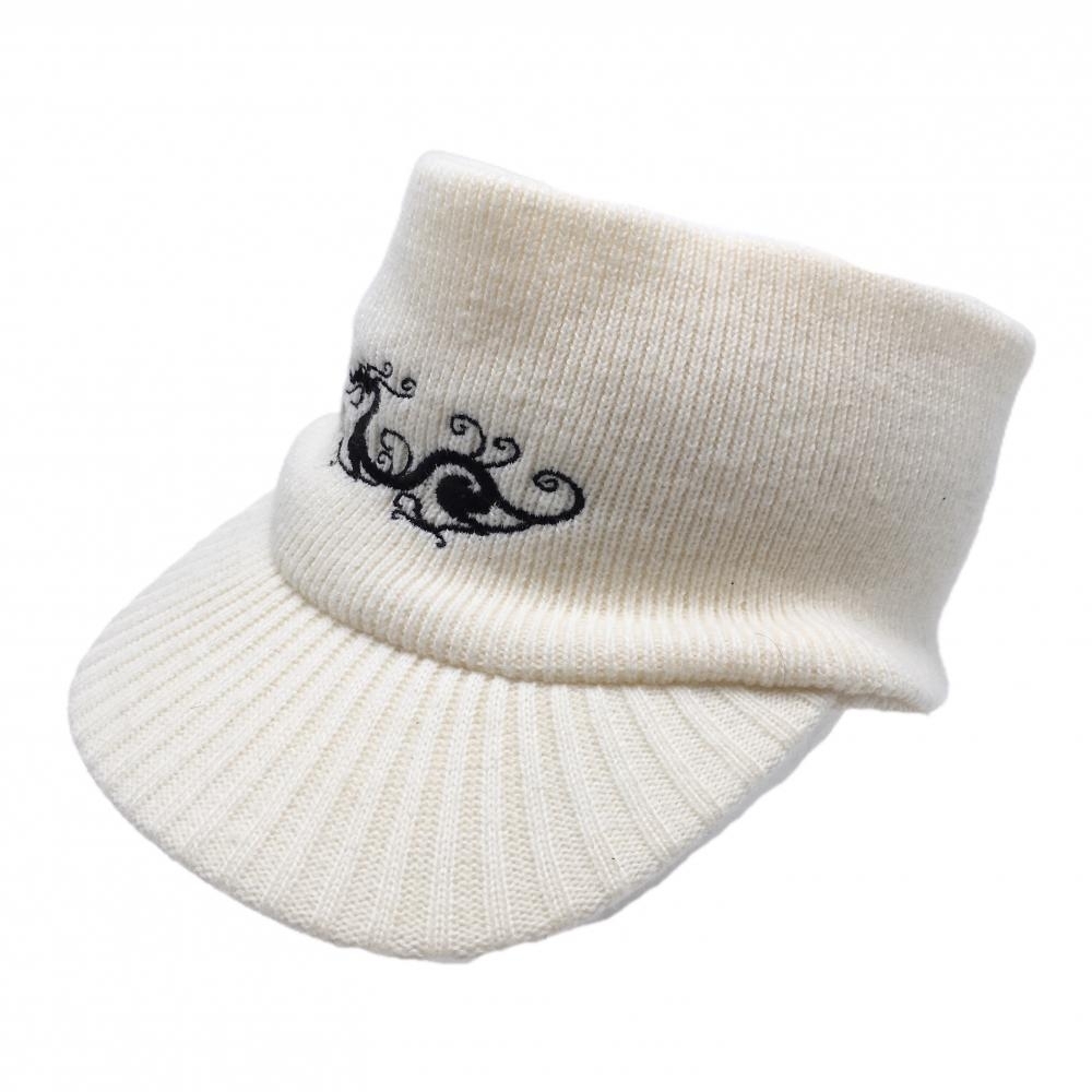 【美品】ダンスウィズドラゴン ニットサンバイザー 白×黒 ロゴ刺しゅう フリー ゴルフウェア Dance With Dragon拍卖