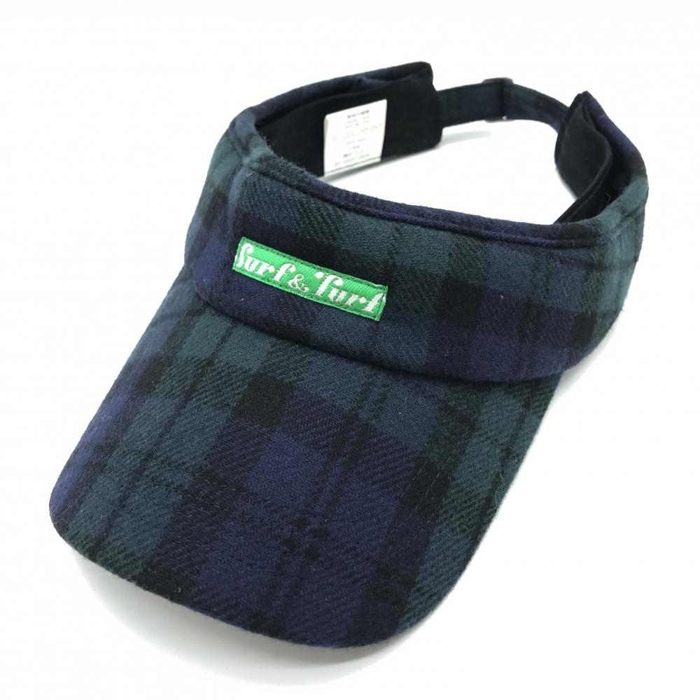 【超美品】サーフアンドターフ サンバイザー ネイビー×グリーン チェック ウール混 FREE SIZE ゴルフウェア surf&turf拍卖