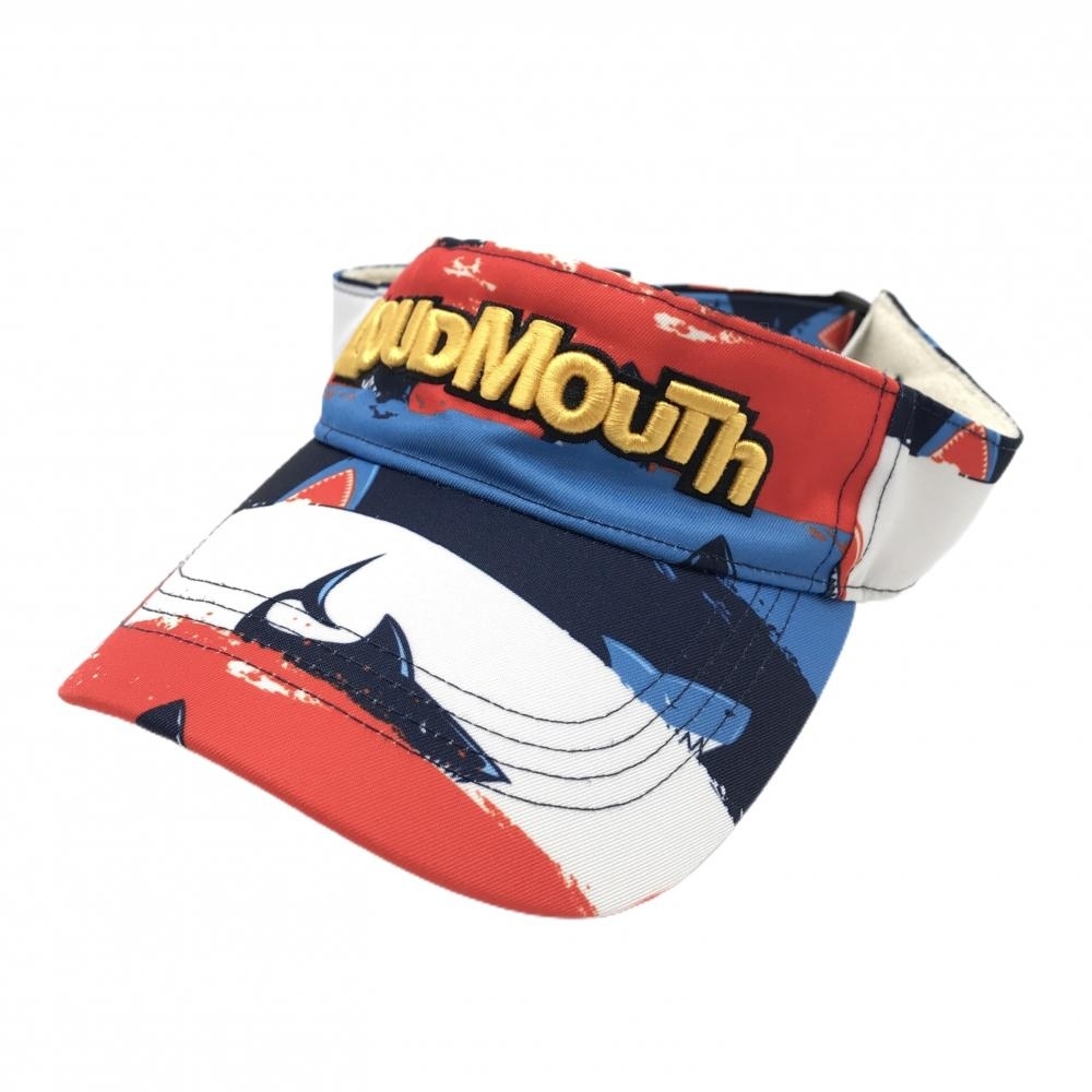 【美品】ラウドマウス サンバイザー オレンジ×白×ネイビー シャークアタック 総柄 ゴルフウェア LOUDMOUTH拍卖