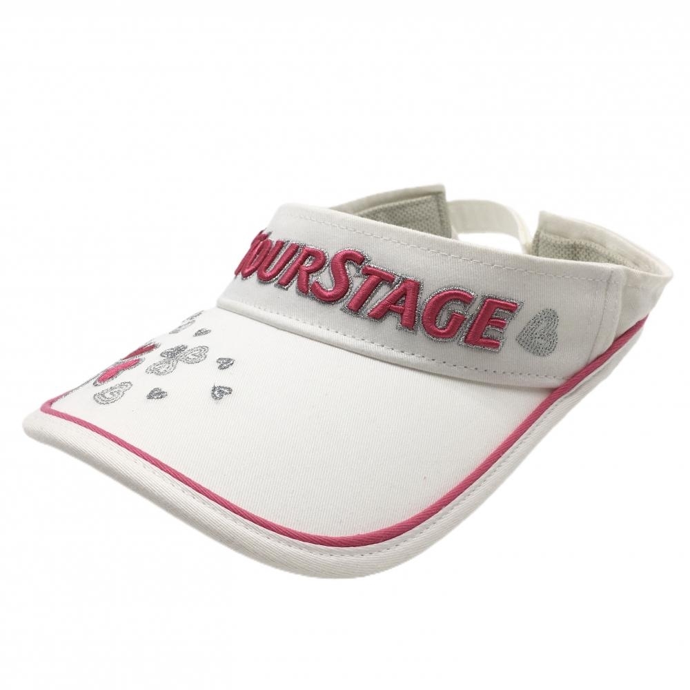 【美品】ツアーステージ サンバイザー 白×ピンク 立体ロゴ クローバー柄 フリーサイズ(55-58cm) ゴルフウェア TOURSTAGE拍卖