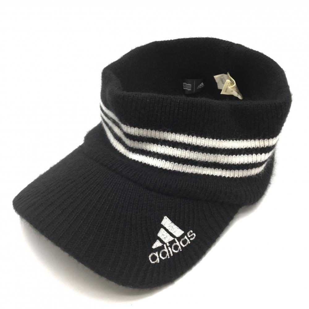 【美品】アディダス ニットサンバイザー 黒×白 3ライン アクリル100% フリー(57-59cm) ゴルフウェア adidas拍卖