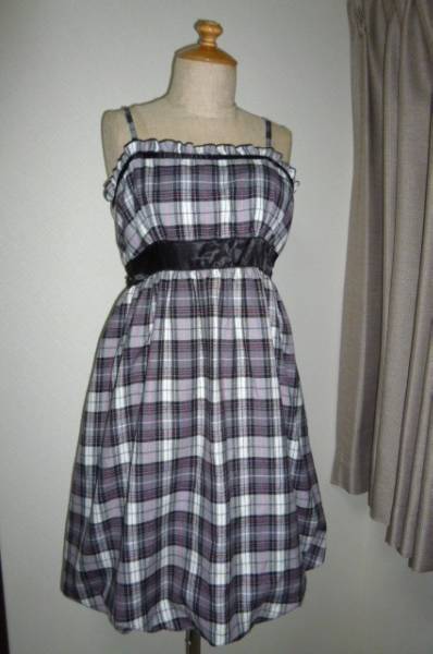 グレーチェック柄胸下切替ベルトリボン付裾バルーンキャミOP拍卖