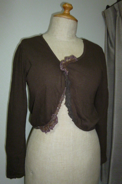 焦げ茶色比翼レース×綿レース付ショートカーディ拍卖
