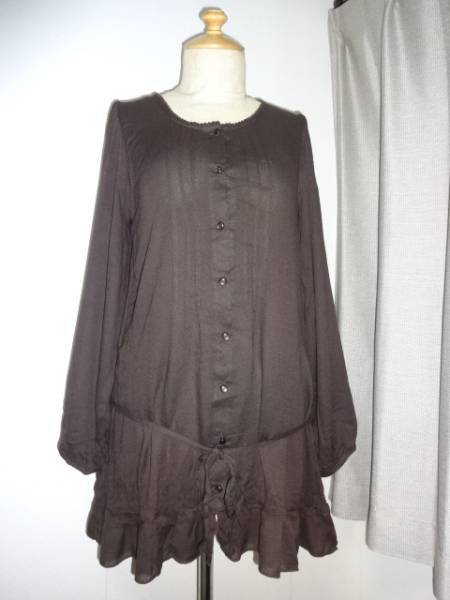 未使用タグ無。焦げ茶色胸裾フレアー紐リボン付前開チェニ拍卖