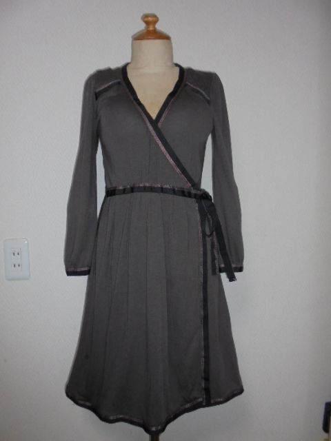 grove焦げ茶肩シャーリングテープトリーミングカシュクールOP拍卖