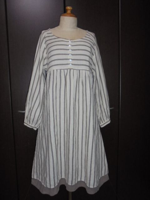 ベージュモカ茶ストライプ柄後W絞り2枚重ね風チェニ拍卖