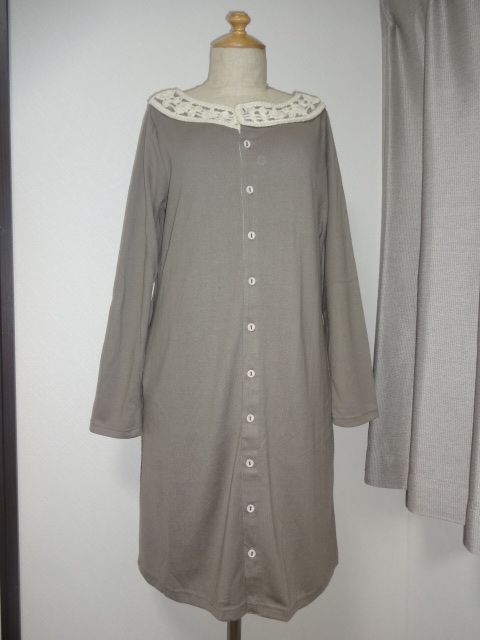 美品。モカ茶衿ぐりブレードレース×ポケット付前開きチェニック拍卖