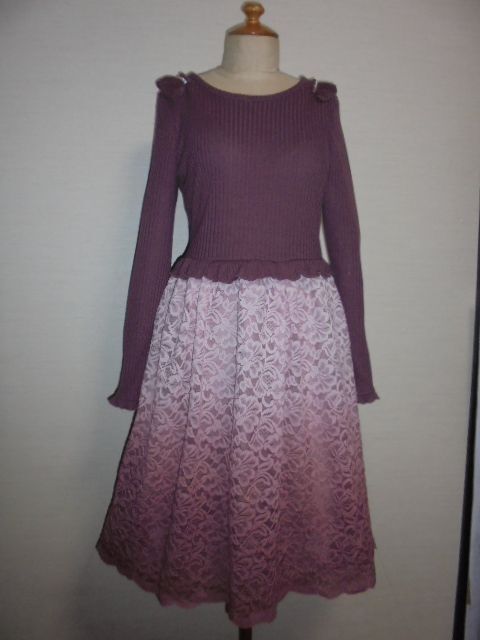 axes femmeローズピンク色上身リブカットW切替レース地グラデーション一体化OP拍卖