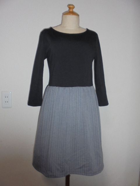 ROPE Picnc上身黒カットW切替グレー色チョークストライプOP拍卖