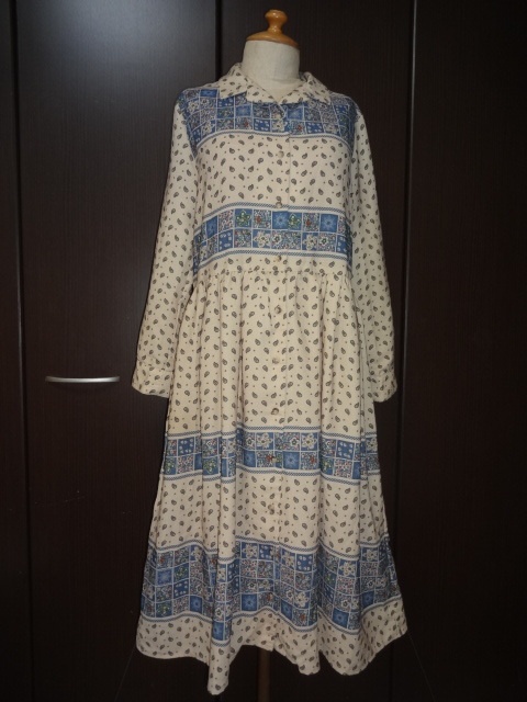 ehka sopaベージュ色W切替タックプリーツ入レトロエスニック柄シャツ型OP拍卖