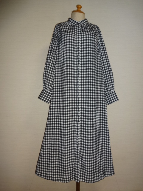 KODE LETTUCE モノトーン色ギンガムチェック柄バンドカラーゆったりシャツOP拍卖