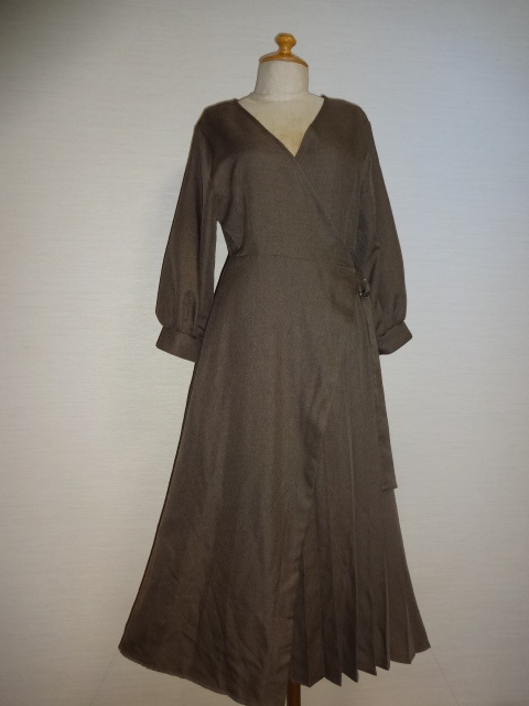 茶系SKプリーツ加工7分袖カシュクールOP拍卖