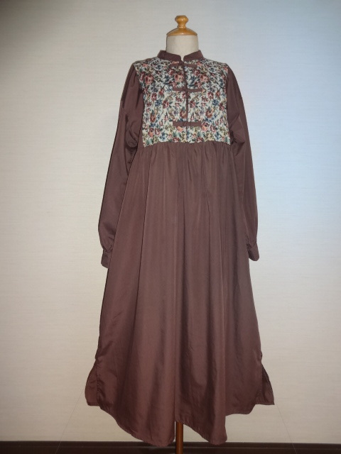 Kutir茶前面ゴブラン織り身頃釈迦結び付W上ギャザー切替ゆったりロングOP拍卖