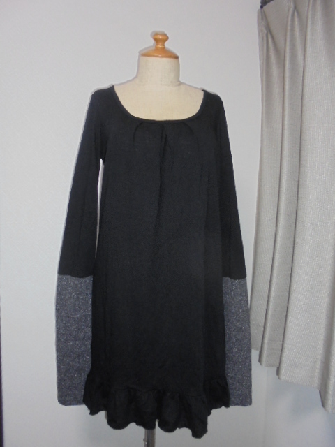 黒袖ミックスグレーニット切替裾フリル長袖カットチェニック拍卖