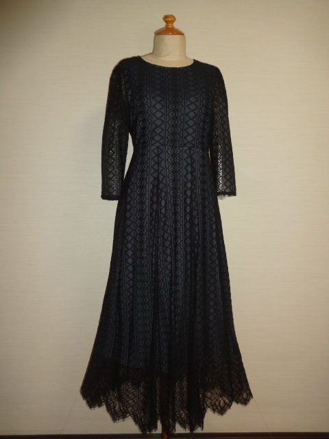 Purelast黒裏地グレー色W切替7分袖黒レース地OP拍卖