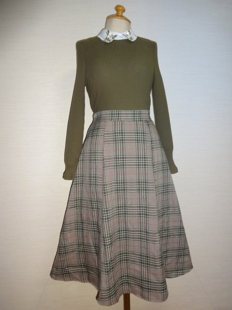 TOCCO上身緑褐色リブカット衿刺繍入W切替SKチェック柄ベルトリボン付OP拍卖