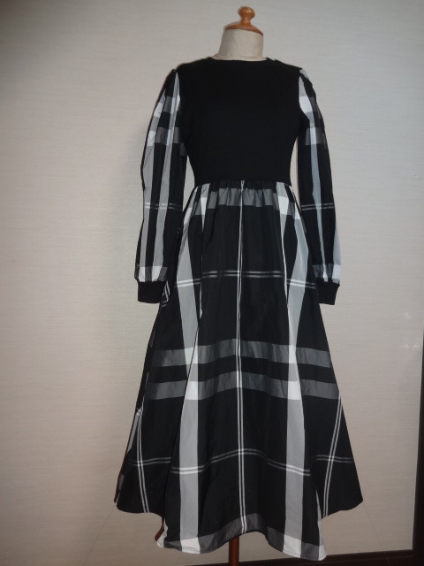 未使用タグ付。身頃黒リブW切替袖下身頃別布チェック柄OP拍卖