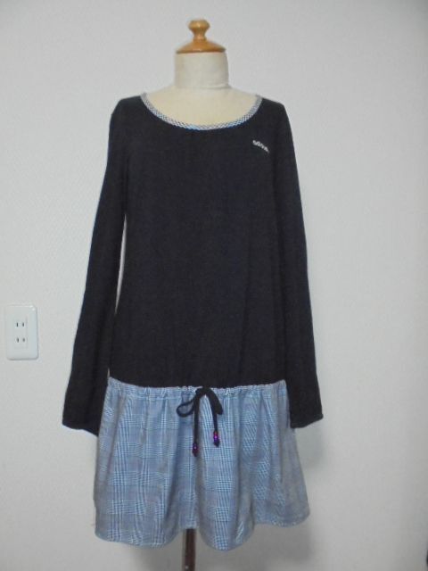 adidas上身黒襟ぐりガンクラブチェック柄パイピングW下切替チェニックOP拍卖