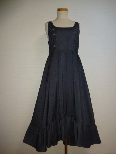 axes femmeグレー×エンジライン入チェック柄上身ボタンモチーフ付裾フレアーフリルジャンスカOP拍卖