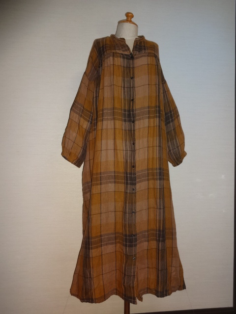 Samansa Mos2キャメル茶チェック柄胸上切替ゆったりシャツOP拍卖