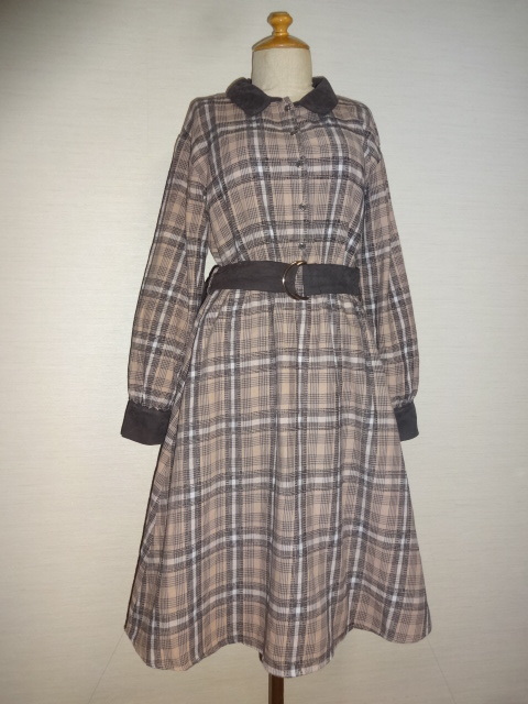 axes femme茶系チェック柄衿×袖口別布切替Wベルト付シャツOP拍卖