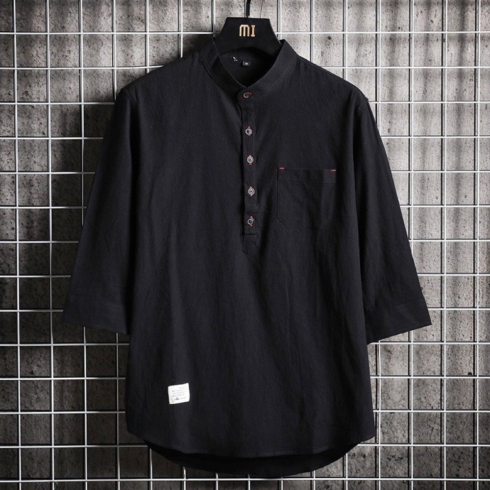 メンズ半袖シャツ トップス T-シャツ カジュアルシャツ 開襟シャツ 無地 麻綿風 カプリシャツ コットン スタンドカラーシャツ ブラック 3XL拍卖