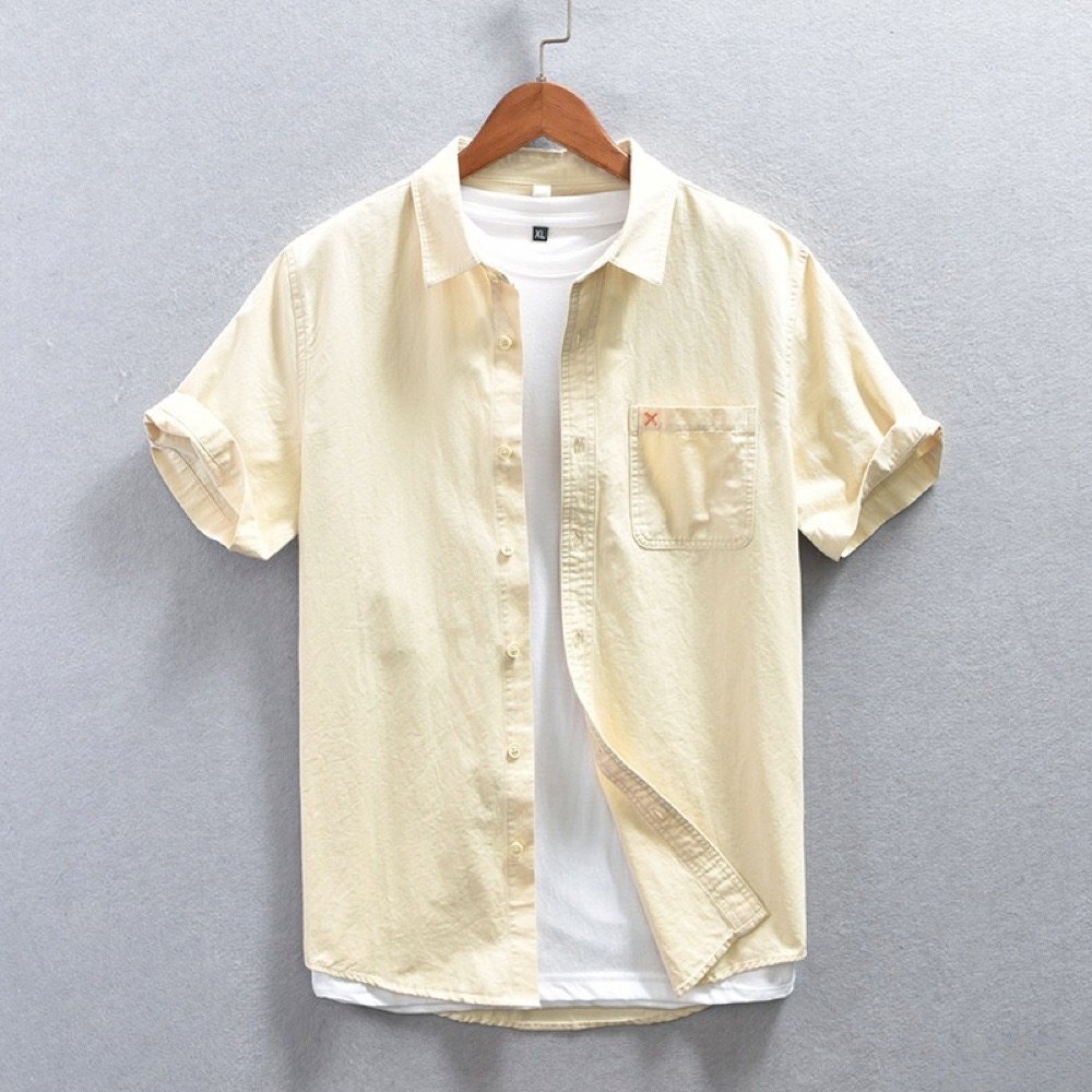 メンズシャツ 半袖 トップス カジュアルシャツ 開襟シャツ ボタンダウン コットン ゆったり サマーシャツ 薄手 無地 夏服 カーキ XL拍卖