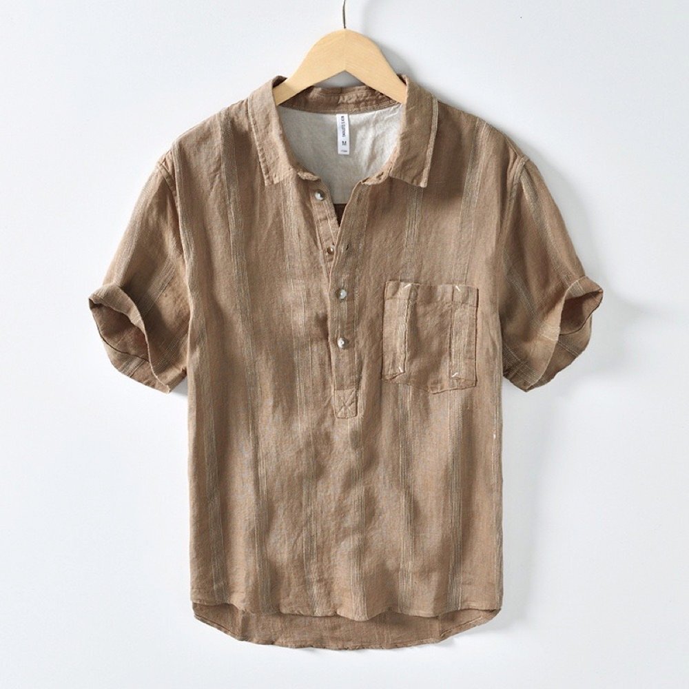 リネンシャツ 半袖 メンズ トップス カジュアルシャツ 開襟シャツ ストライプ柄 麻100% カプリシャツ 夏服 父の日 カーキ L拍卖