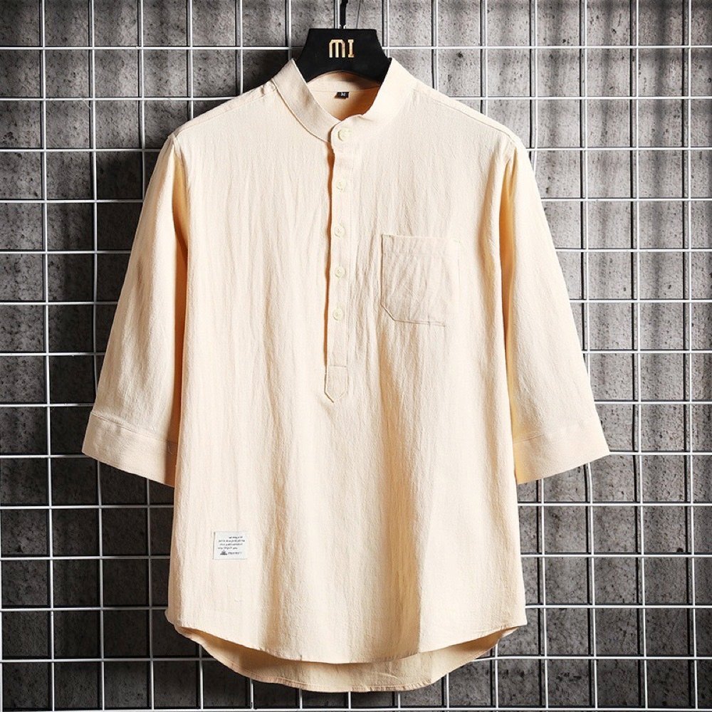 メンズ半袖シャツ トップス T-シャツ カジュアルシャツ 開襟シャツ 無地 麻綿風 カプリシャツ コットン スタンドカラーシャツ ベージュ 2XL拍卖