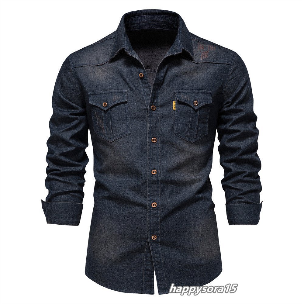 デニムシャツ メンズ カジュアルシャツ 綿 ダンガリー 長袖 ヴィンテージ加工 ユーズド加工 ウェスタンシャツ ダークブルー M拍卖