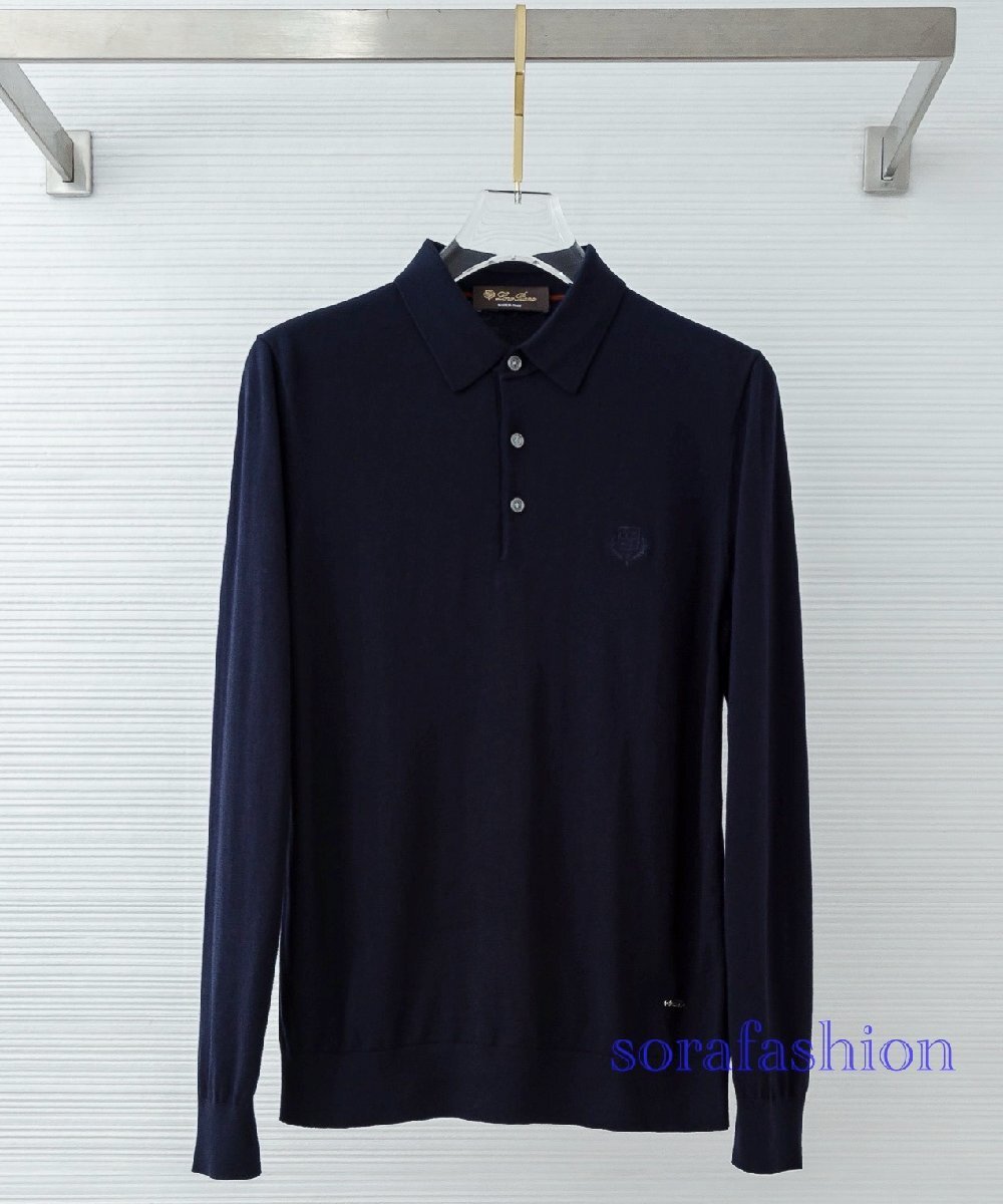 Loro Piana ロロピアーナ メンズニットポロシャツ 長袖T-シャツ ネイビー 54サイズ トップス ニットカットソー ウール・綿 紳士服 秋冬物拍卖