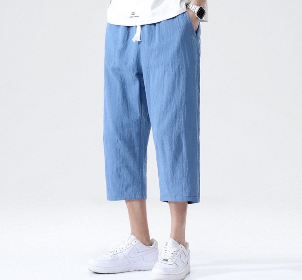 サルエルパンツ メンズワイドパンツ 7分丈 無地 涼しい イージーパンツ ジョガーパンツ 麻綿風ズボン カジュアル ボトムス ブルー 4XL拍卖