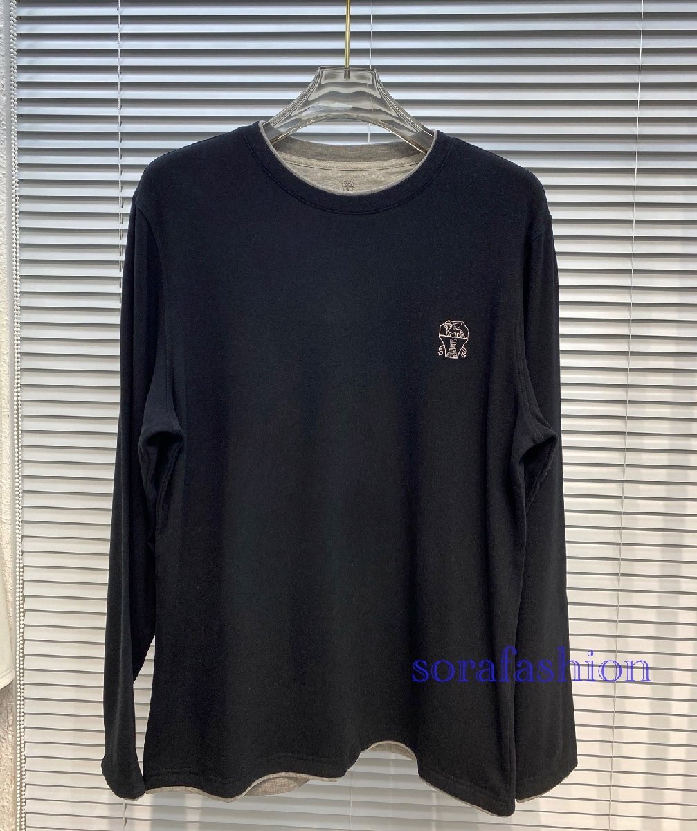 BRUNELLO CUCINELLI(ブルネロ クチネリ) メンズ長袖T-シャツ トップス ブラック L 丸首 トレーナー クルーネック 刺繍ロゴ 無地 コットン拍卖