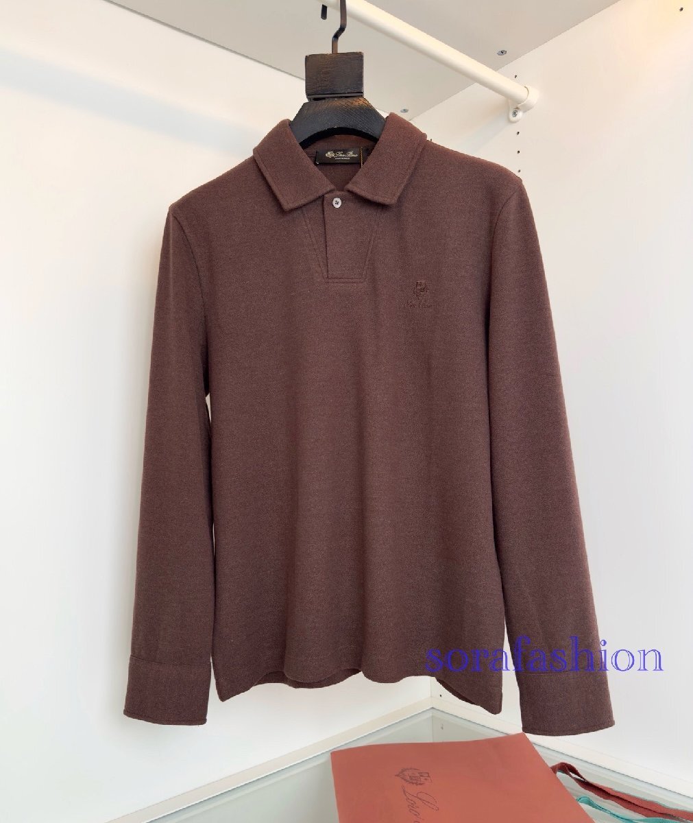 Loro Piana ロロピアーナ メンズ長袖ポロシャツ T-シャツ コーヒー XLサイズ トップス カットソー 無地 シンプル 紳士服 刺繍ロゴ 裏起毛拍卖
