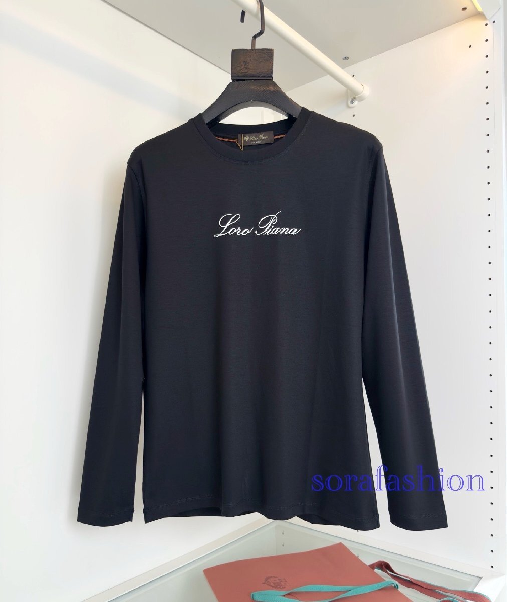 Loro Piana ロロピアーナ メンズT-シャツ 長袖 クルーネック ブラック 3XLサイズ トップス カットソー 綿 丸首 プリントロゴ シンプル 秋物拍卖