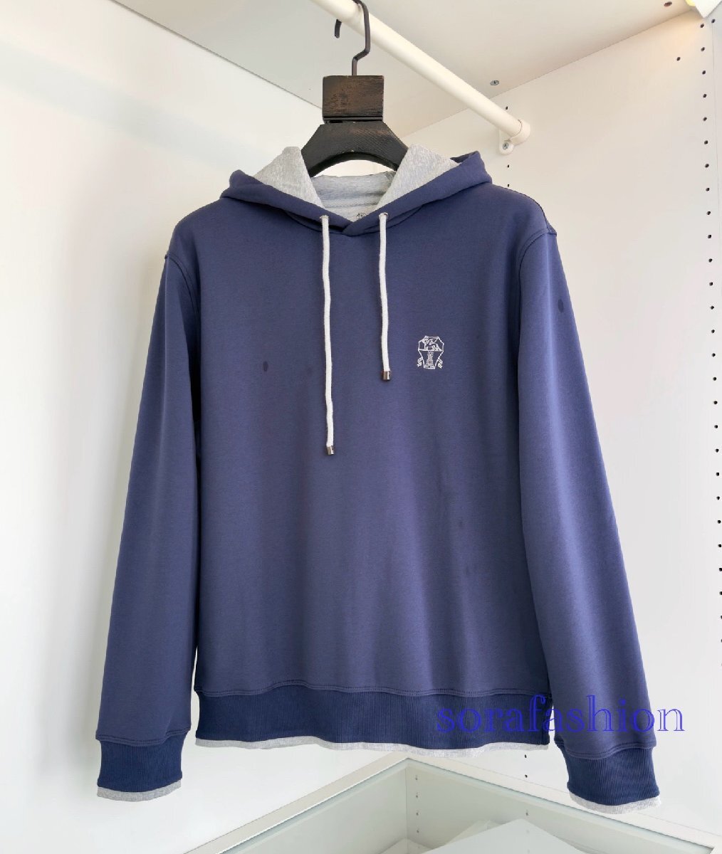 BRUNELLO CUCINELLI(ブルネロ クチネリ) メンズパーカー プルオーバー ブルー 2XL トップス フード付 長袖 スウェットウェア 裏起毛拍卖