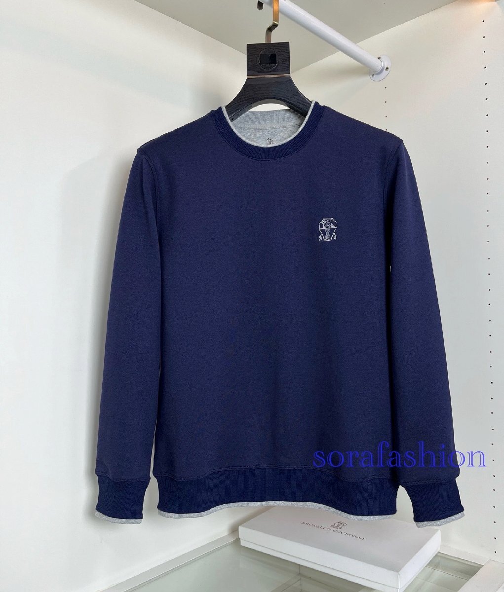 BRUNELLO CUCINELLI(ブルネロ クチネリ) メンズスウェット プルオーバー スポーツウェア ネイビー XLサイズ トップス 丸首 長袖T-シャツ 綿拍卖