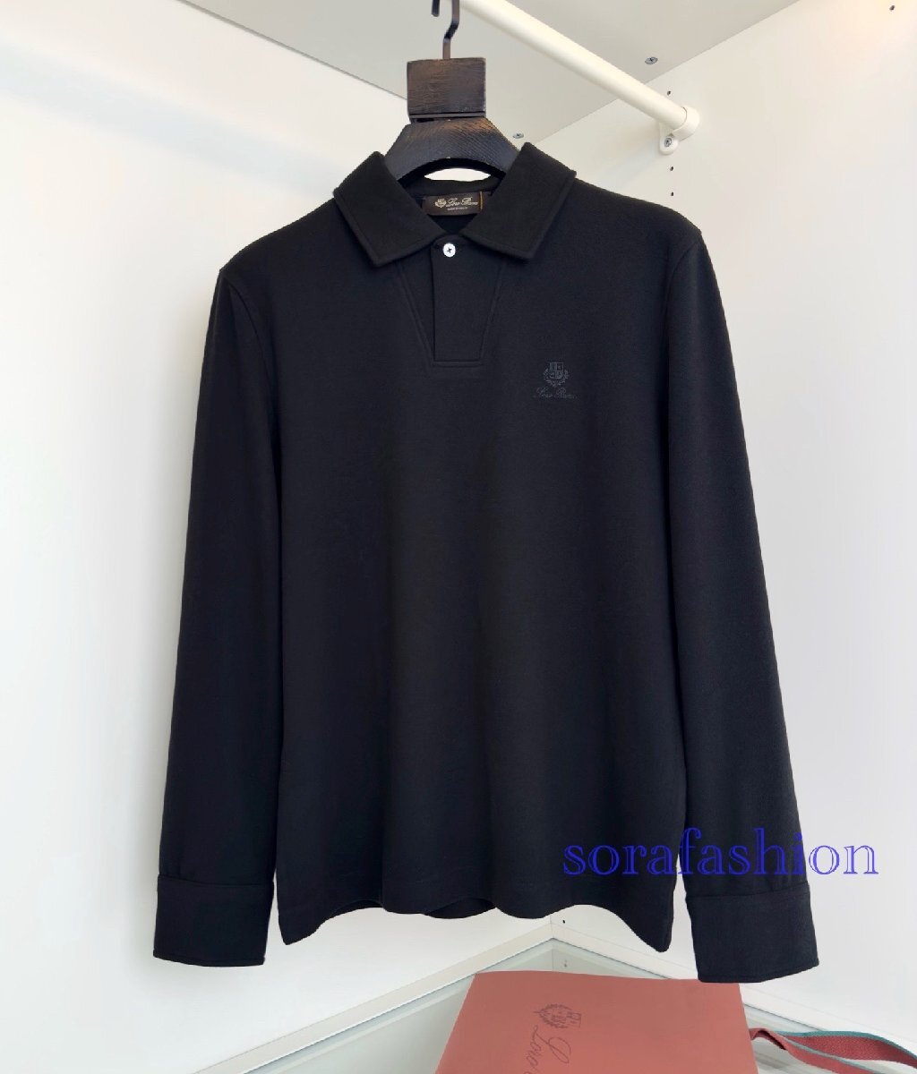Loro Piana ロロピアーナ メンズ長袖ポロシャツ T-シャツ ブラック Mサイズ トップス カットソー 無地 シンプル 紳士服 刺繍ロゴ 裏起毛拍卖