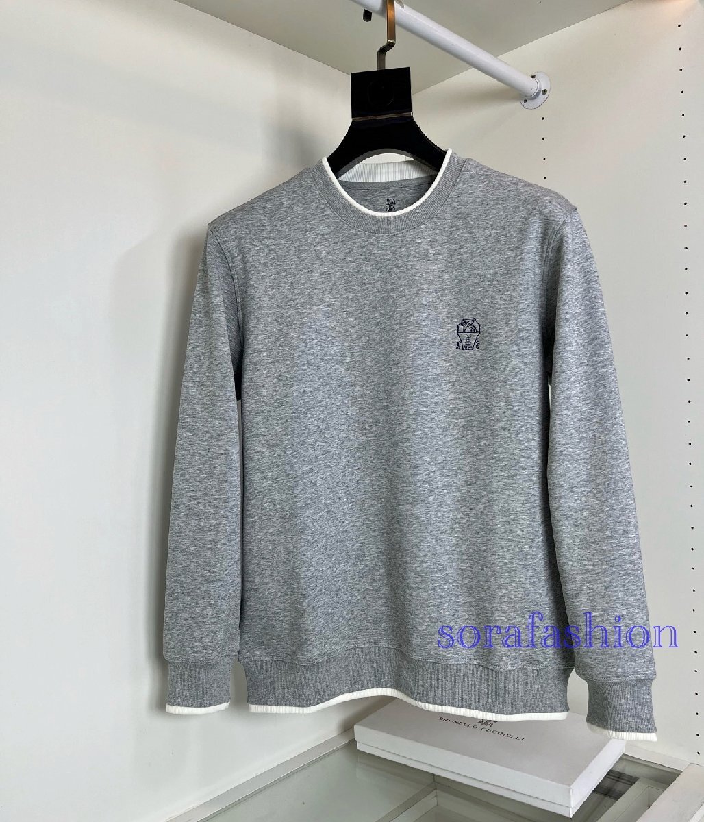 BRUNELLO CUCINELLI(ブルネロ クチネリ) メンズスウェット プルオーバー スポーツウェア グレー Lサイズ トップス 丸首 長袖T-シャツ 綿拍卖