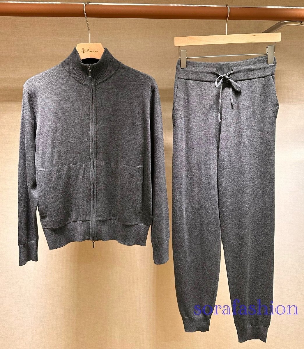 Loro Piana ロロピアーナ メンズニットセットアップ 2点セット グレー2XL ジャケット ブルゾン ロングパンツ スポーツウェア ウール 紳士服拍卖