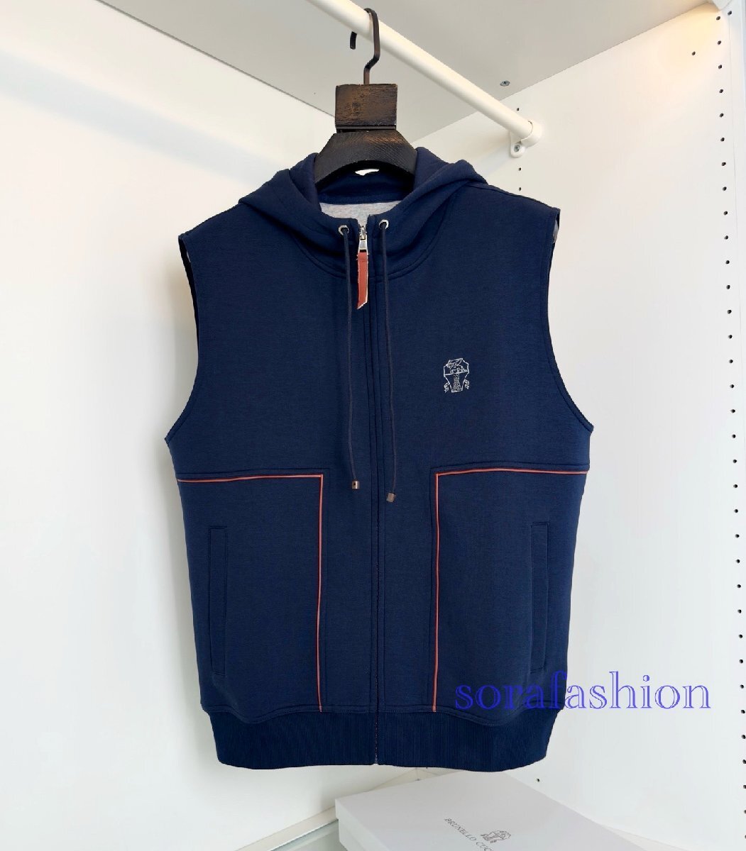 BRUNELLO CUCINELLI ブルネロ クチネリ メンズジレーベスト チョッキ ノースリーブ トップス ネイビー 3XL スポーツウェア フード付 綿拍卖