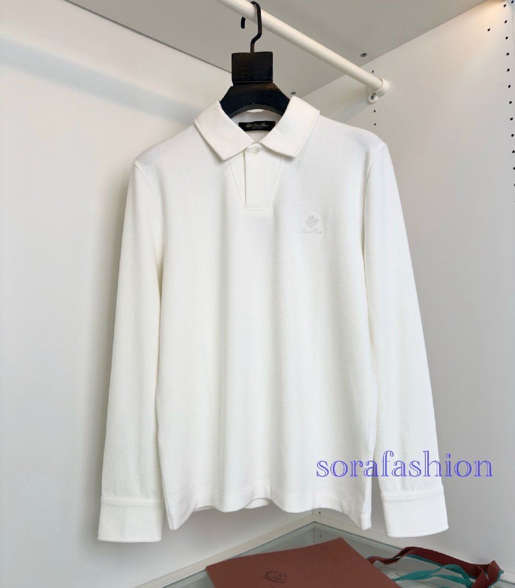 Loro Piana ロロピアーナ メンズ長袖ポロシャツ T-シャツ ホワイト Lサイズ トップス カットソー 無地 シンプル 紳士服 刺繍ロゴ 裏起毛拍卖