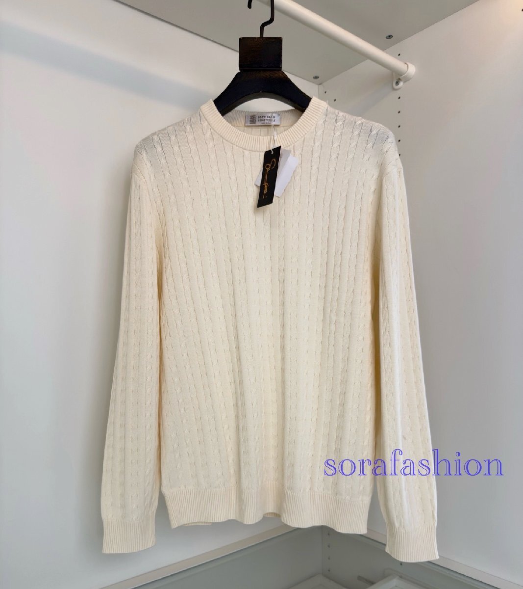 BRUNELLO CUCINELLIブルネロ クチネリ メンズニットセーター 長袖T-シャツ ホワイト3XL トップス クルーネック 秋物 ケーブル編み トップス拍卖