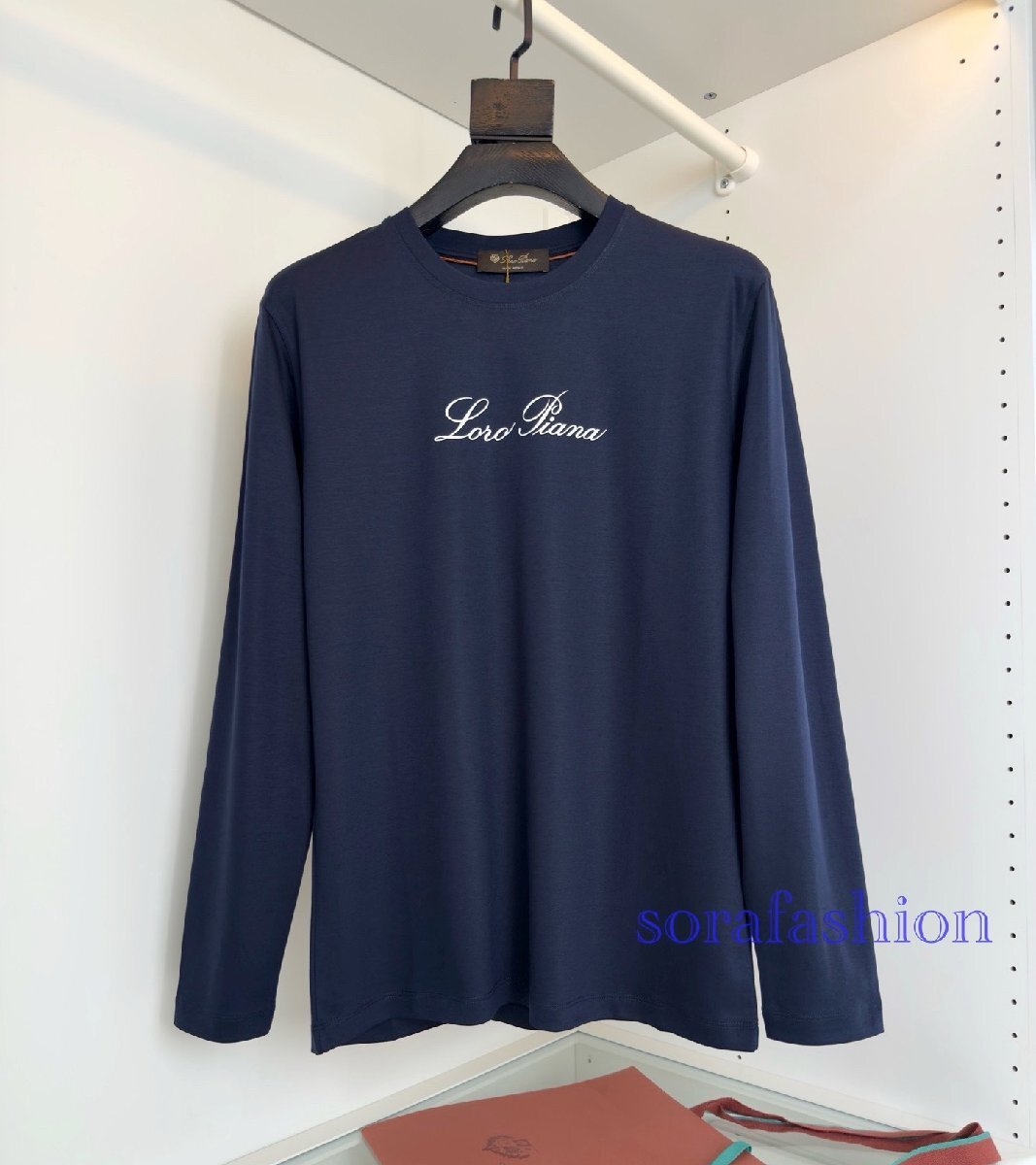 Loro Piana ロロピアーナ メンズT-シャツ 長袖 クルーネック ネイビー XLサイズ トップス カットソー 綿 丸首 プリントロゴ シンプル 秋物拍卖