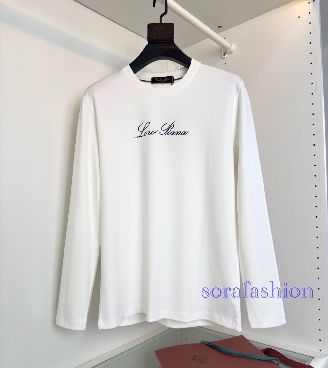 Loro Piana ロロピアーナ メンズT-シャツ 長袖 クルーネック ホワイト Mサイズ トップス カットソー 綿 丸首 プリントロゴ シンプル 秋物拍卖